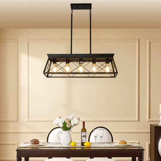 5-Light Farmhouse Chandeliers for Dining Room, Metal Rustic Pendant Island Light Fixture, Modern Rectangular Island Lights for Kitchen, Living Room Black gold(No Bulbs)NEW SKU:W1340P206630