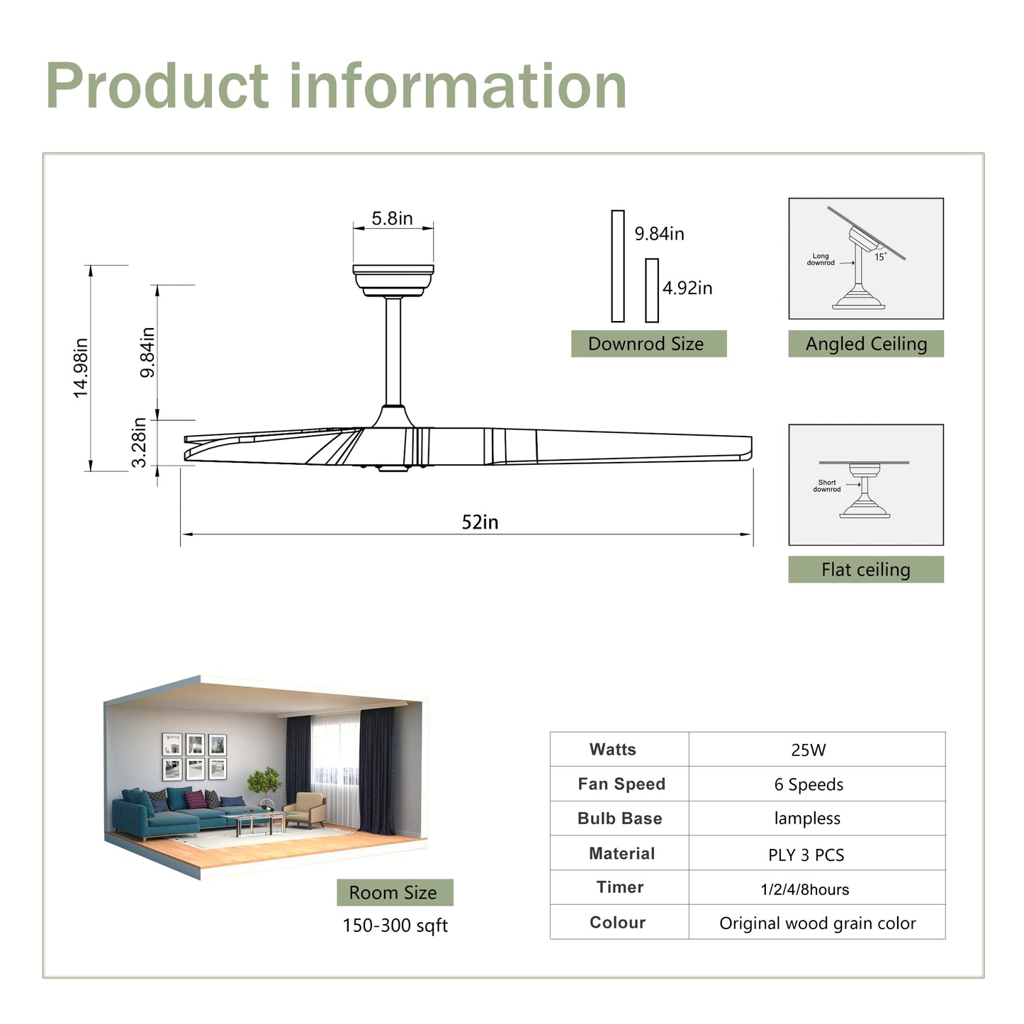 52" Indoor Ceiling Fan with Remote Control - Sleek Matte White Design, Reversible DC Motor