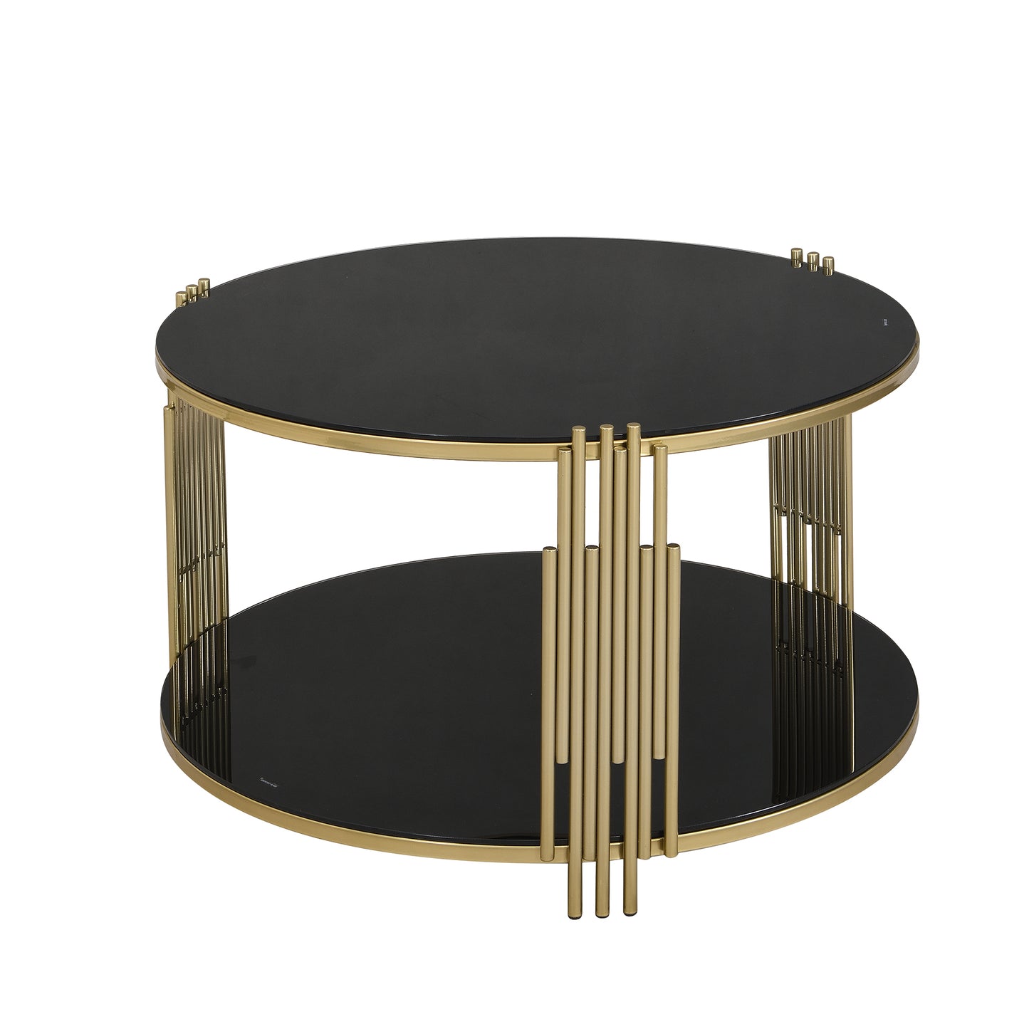 Modern Black Mirror Coffee Table, Asymmetrical Metal, Circular Metal Drum Base, Gold Finish & Lower Shelf