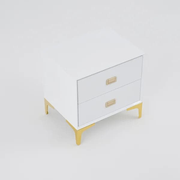 Modern White Nightstand 2 -Drawer Bedside Table in Gold Finish