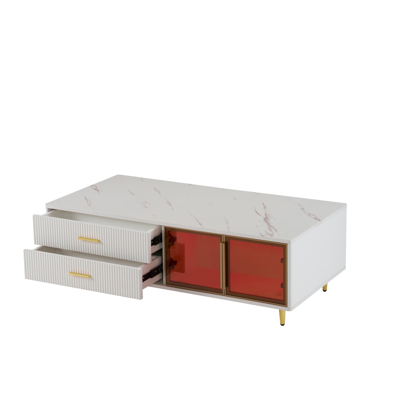 Modern White Coffee Table with 2 Glass Door Storage, 4 Drawers, Gold Metal Legs, and Multi-Color Lighting in 47.2''