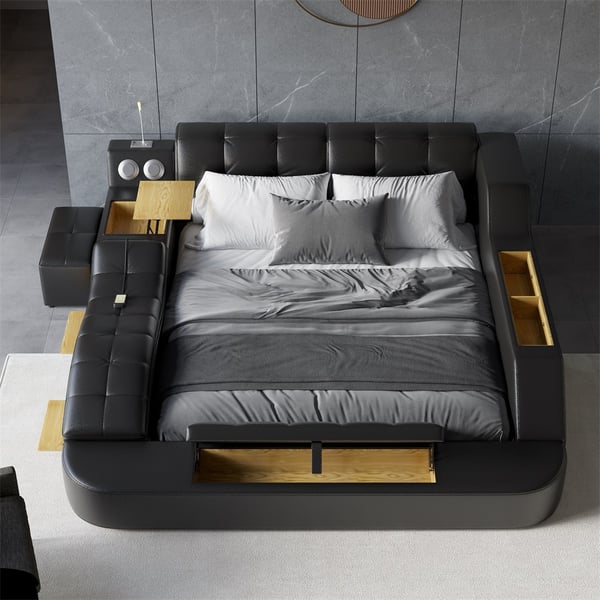Black Smart Bed King Size Tufted Platform Bed with Massage, Storage & Speaker