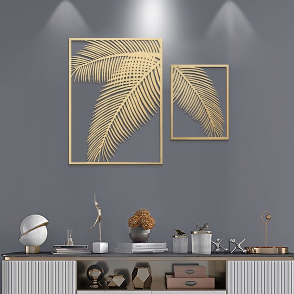 2 Pieces Metal Wall Decor Rectangular Palm Leaf Home Art Set in Gold for Living Room