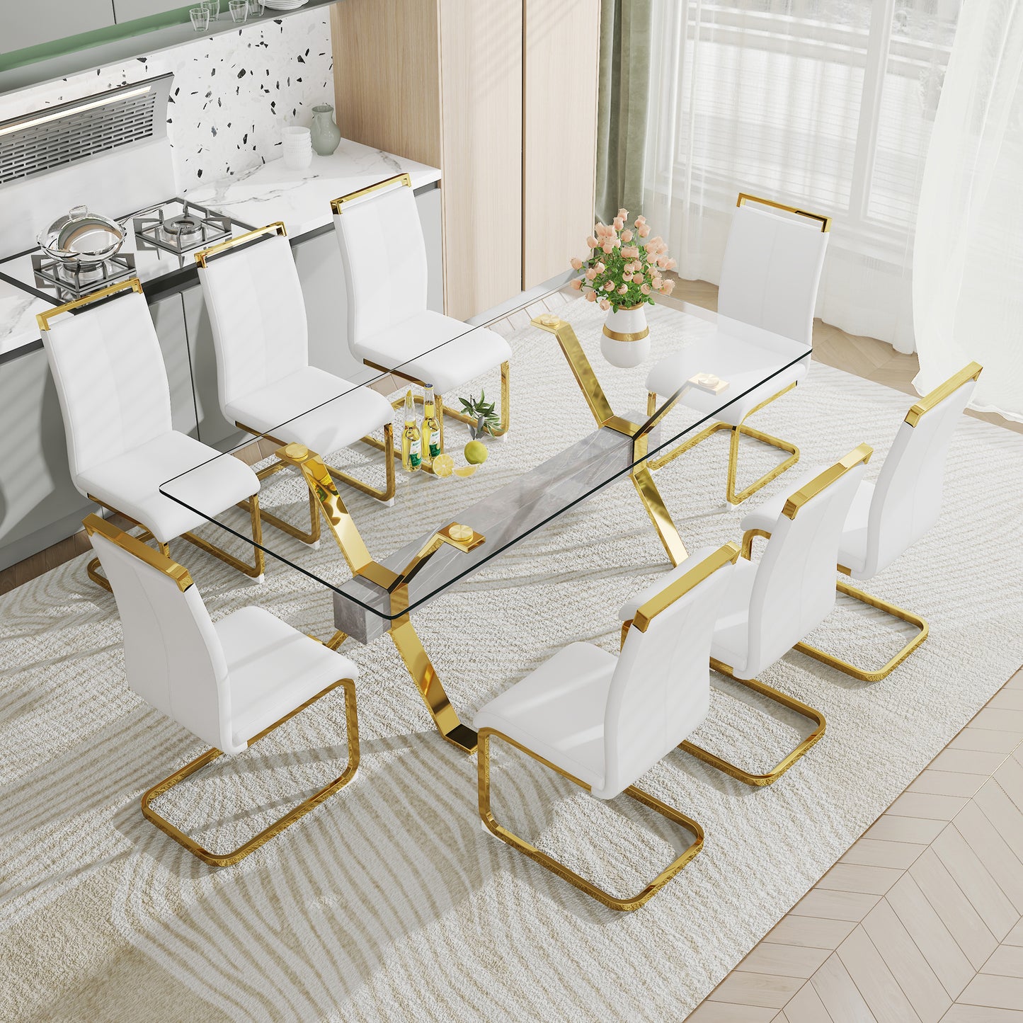 Dining table. Modern tempered glass dining table. Large modern office desk with gold plated metal legs and MDF crossbars, suitable for both home and office use. Kitchen. 79 ''x39''x30 '' 1105