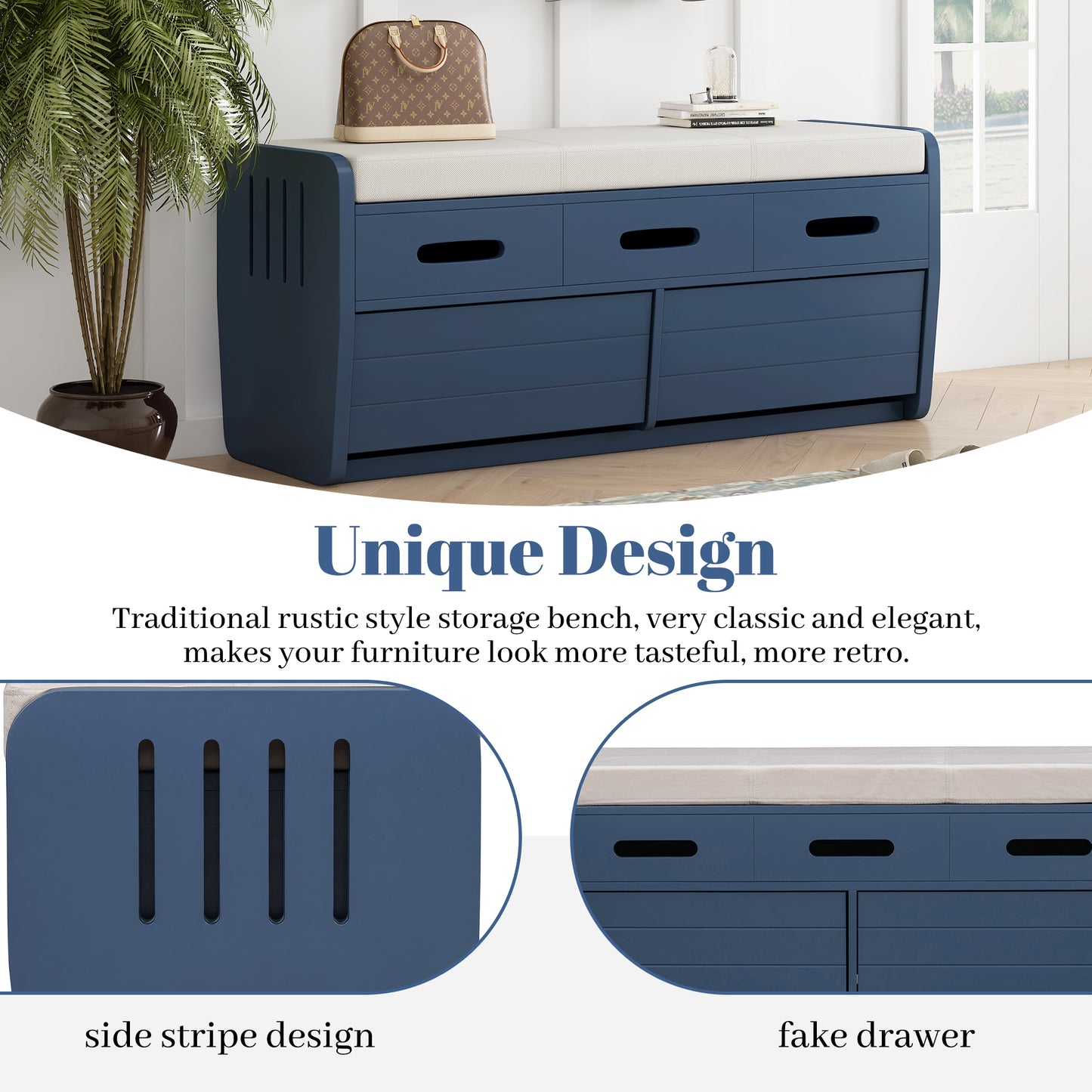 TREXM Rustic Storage Bench with 2 Drawers, Hidden Storage Space, and 3 False Drawers at the Top, Shoe Bench for Living Room, Entryway (Navy)