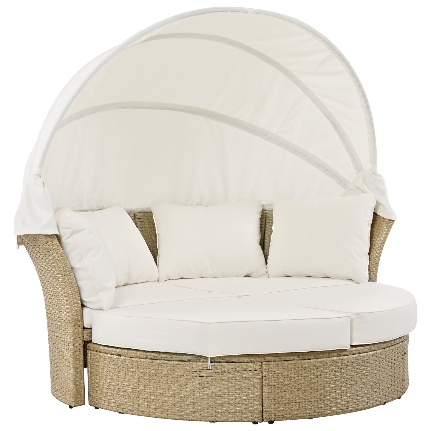 Outdoor Patio Daybed Wicker Rattan Double Daybed Round Sofa Furniture Set with Retractable Canopy, 4 Pillows for Lawn Garden Backyard Porch Pool, Beige