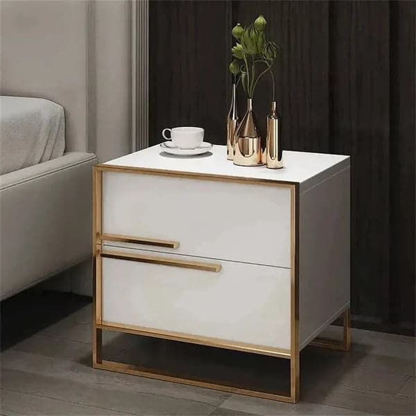 Modern 2 Drawers White Lacquer Nightstand Square Bedside Table in Gold Left