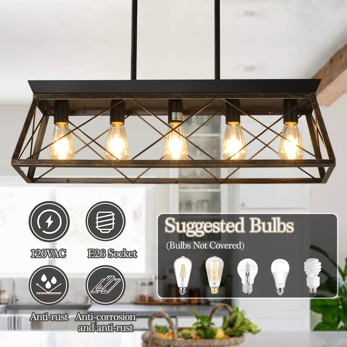 5-Light Farmhouse Chandeliers for Dining Room, Metal Rustic Pendant Island Light Fixture, Modern Rectangular Island Lights for Kitchen, Living Room Black gold(No Bulbs)NEW SKU:W1340P206630