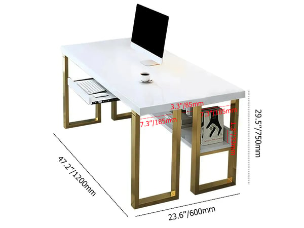 Modern White & Gold Rectangular Computer Desk with Keyboard Tray & Storage Shelf