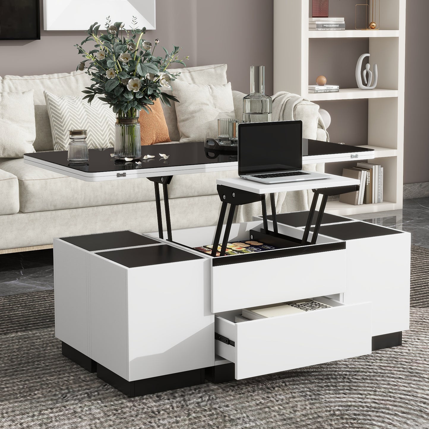 Modern White Lift Top Glass Coffee Table with Drawers & Storage Multifunction Table