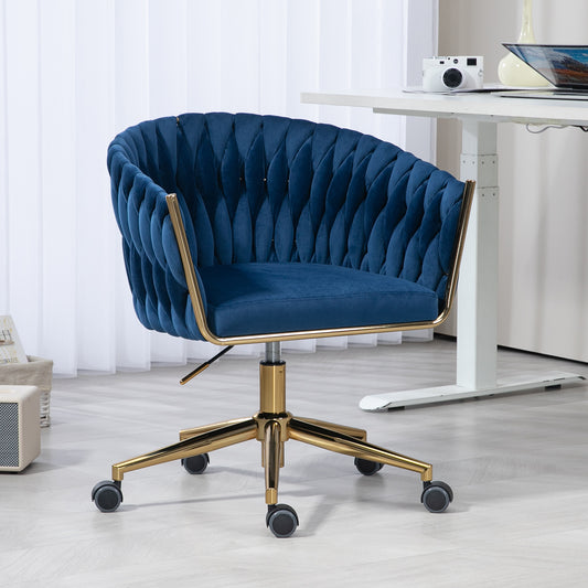 Modern design the backrest is hand made woven Office chair,Vanity chairs with wheels,Height adjustable,360° swivel for bedroom, living room(BLUE)