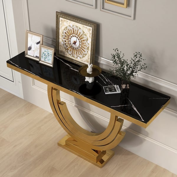 59.1" Gold & Black Marble Console Table Narrow Rectangle Entryway Table