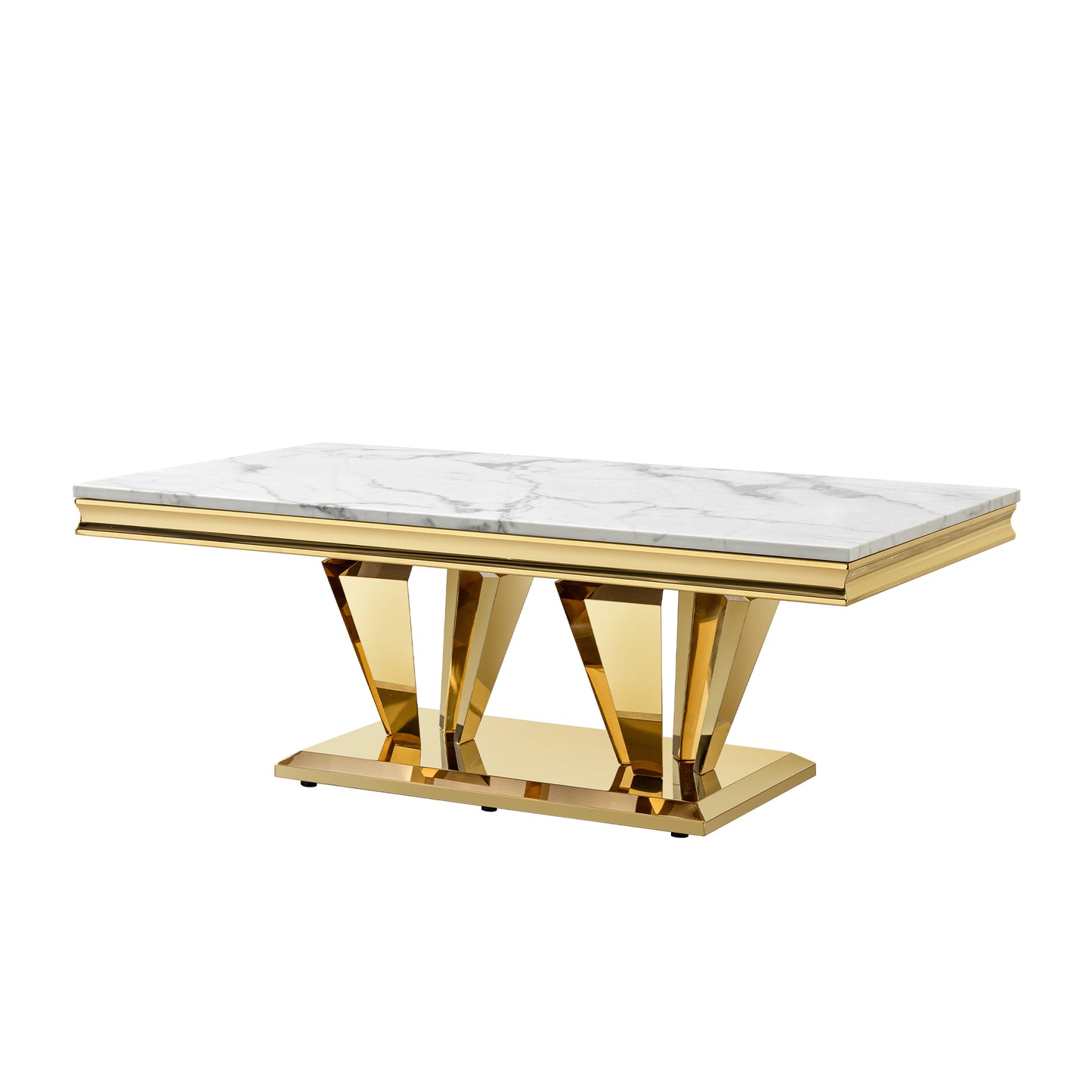 58.18" Modern Rectangular 0.78" Thick MDF Marble Pattern Top, Coffee Table Stainless Steel Base with Gold Mirror Finish