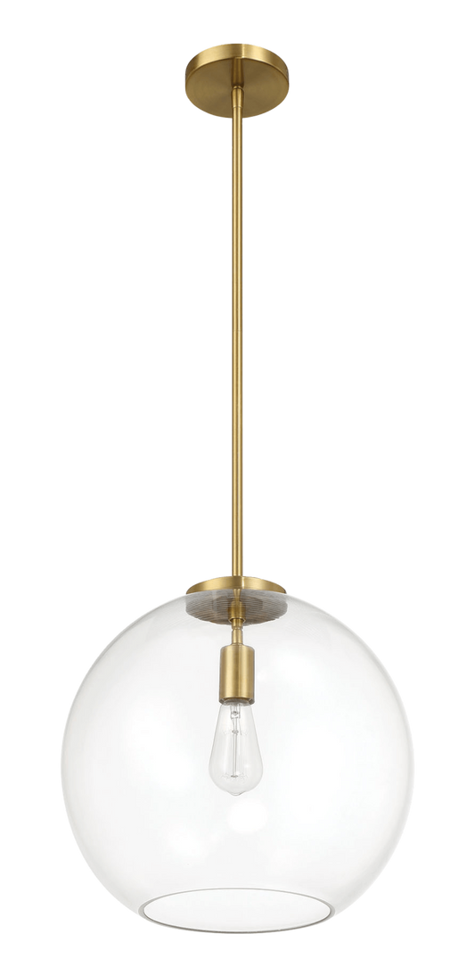 Gleam Single Light Pendant Lamp With Clear Globe Glass - Satin Brass