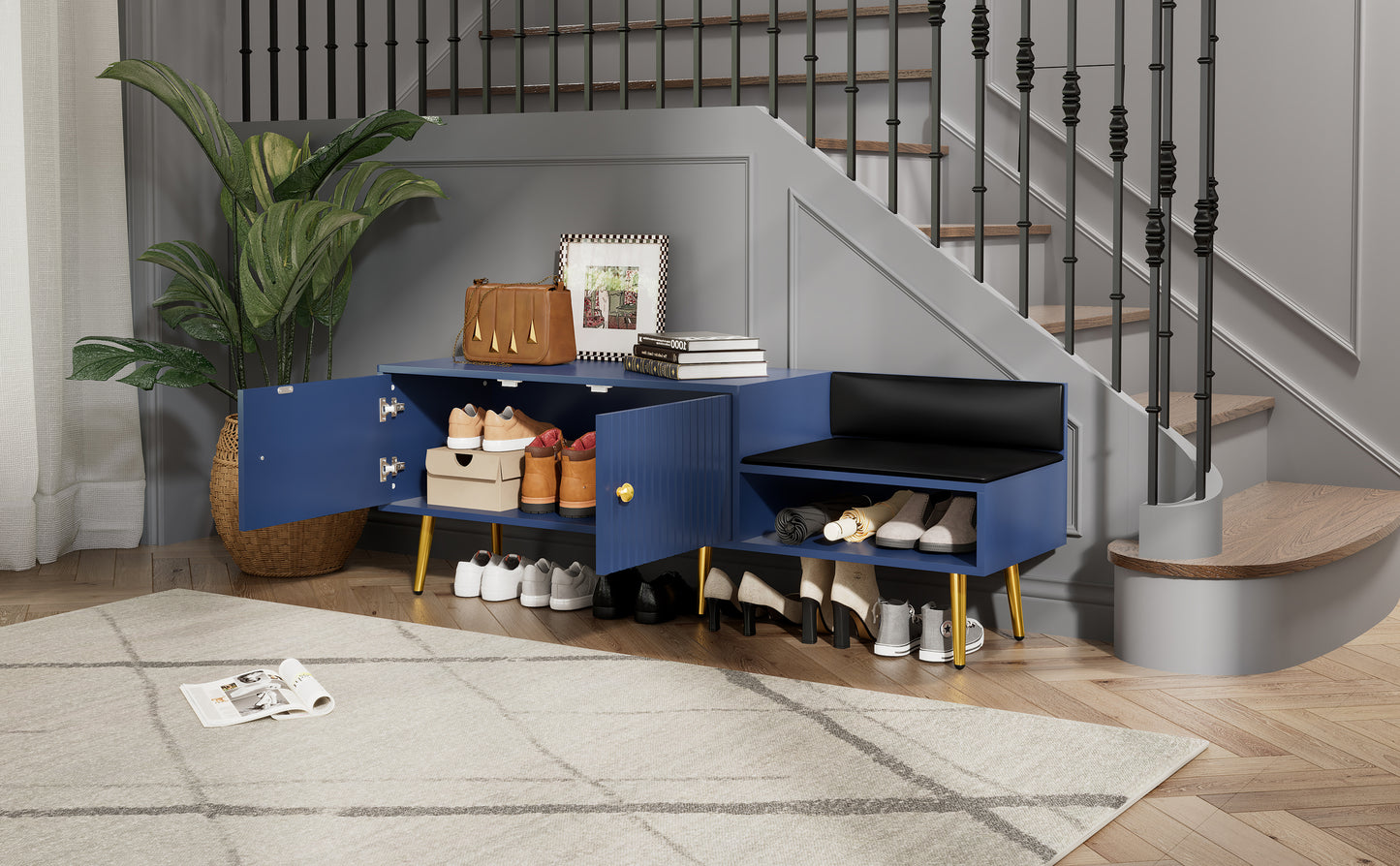 TREXM Modern Shoe Storage Bench with Hidden Storage and Upholstered Cushions for Bedside, Living Room and Entryway (Navy)