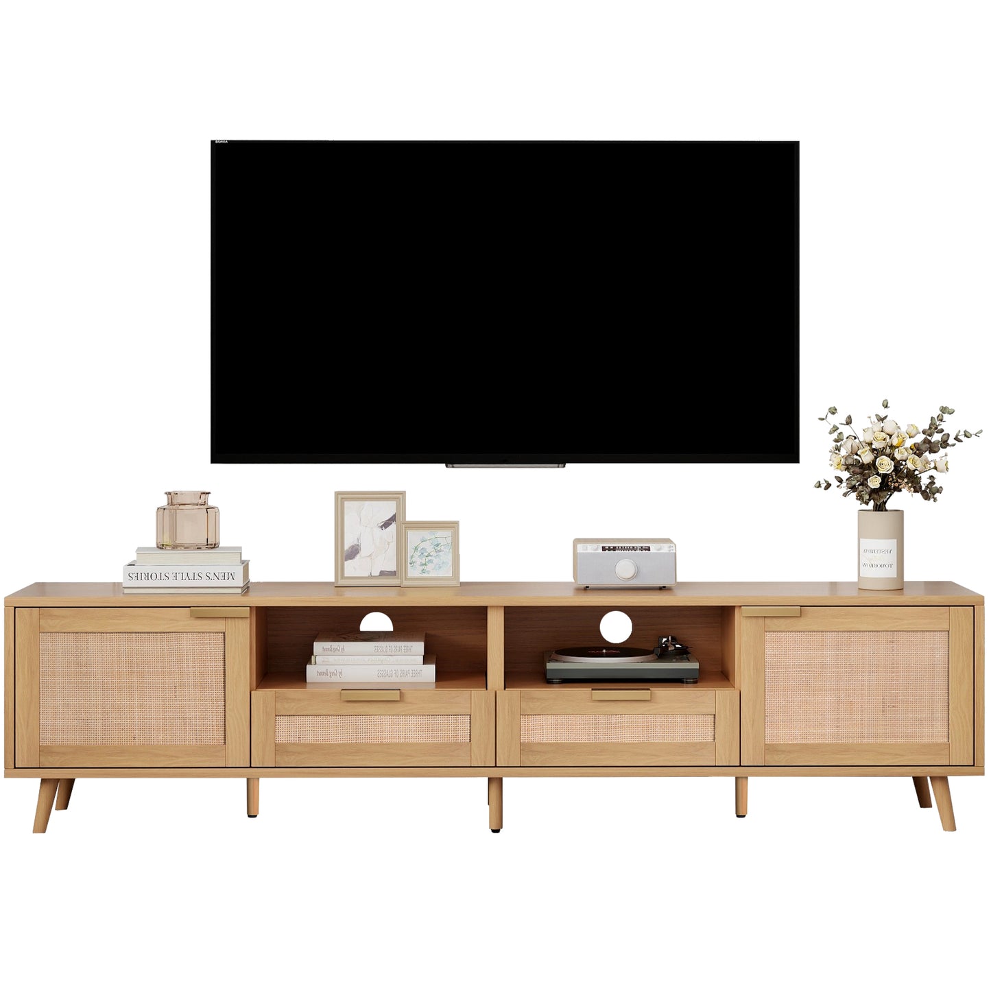 Rattan TV Stand for TVs up to 85'', Modern Farmhouse Media Console, Entertainment Center with Solid Wood Legs, TV Cabinet for Living Room,Home Theatre