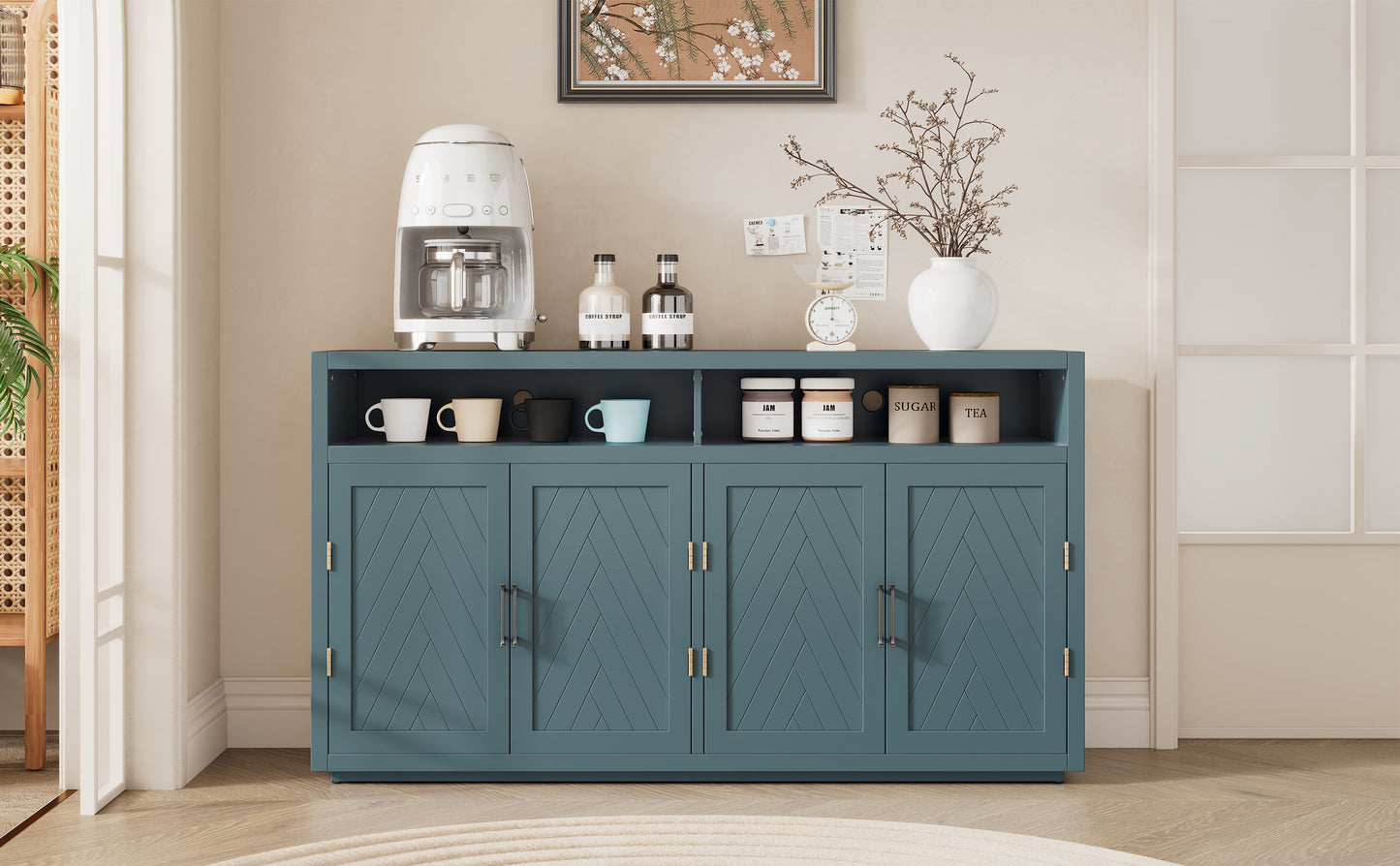 TREXM 4-door Classic Sideboard with Open Storage and Adjustable Shelves Perfect for kitchens,  living rooms (Smoke Blue)