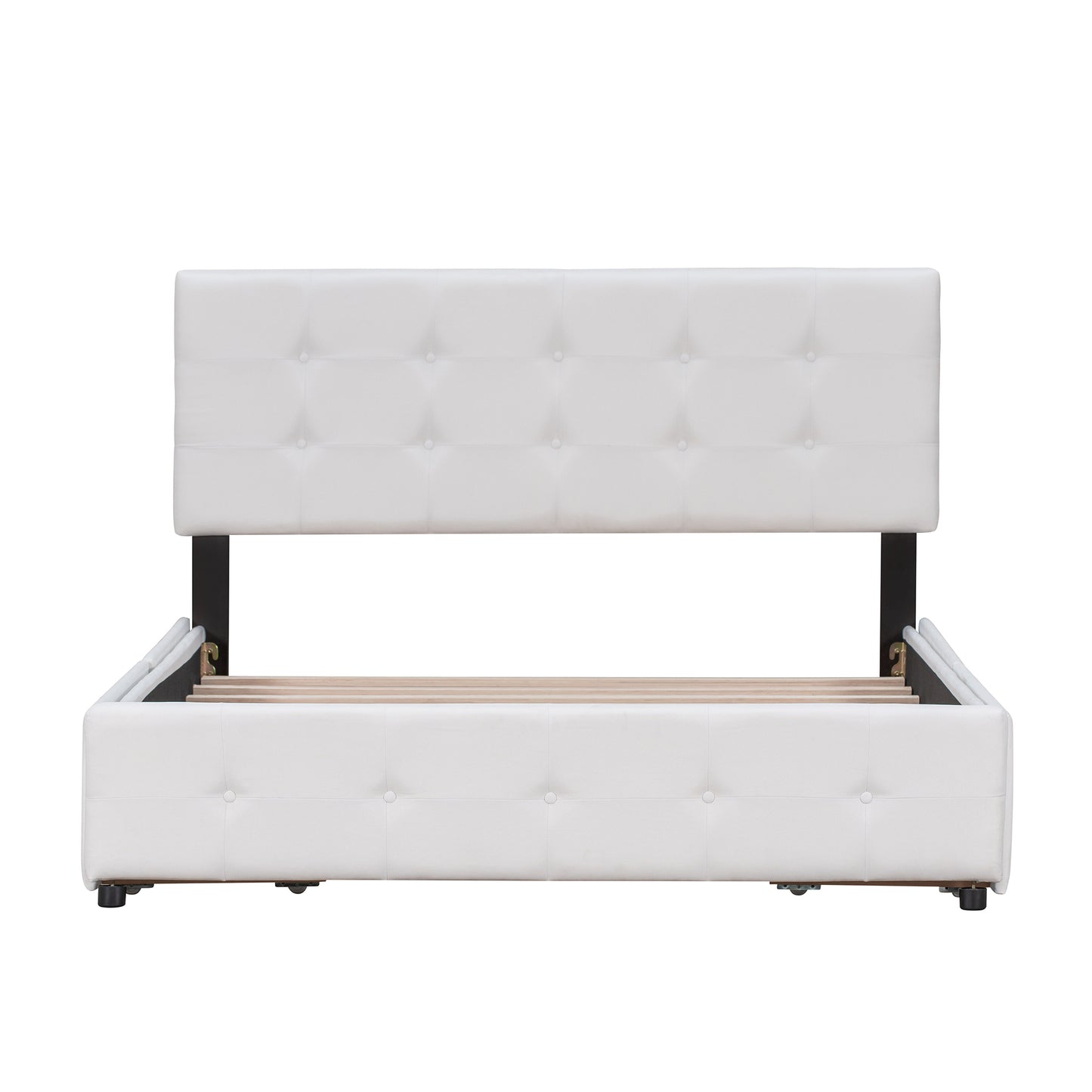 Lit plateforme rembourré avec tête de lit classique et 4 tiroirs, aucun sommier tapissier nécessaire, tissu en lin, Queen Size blanc