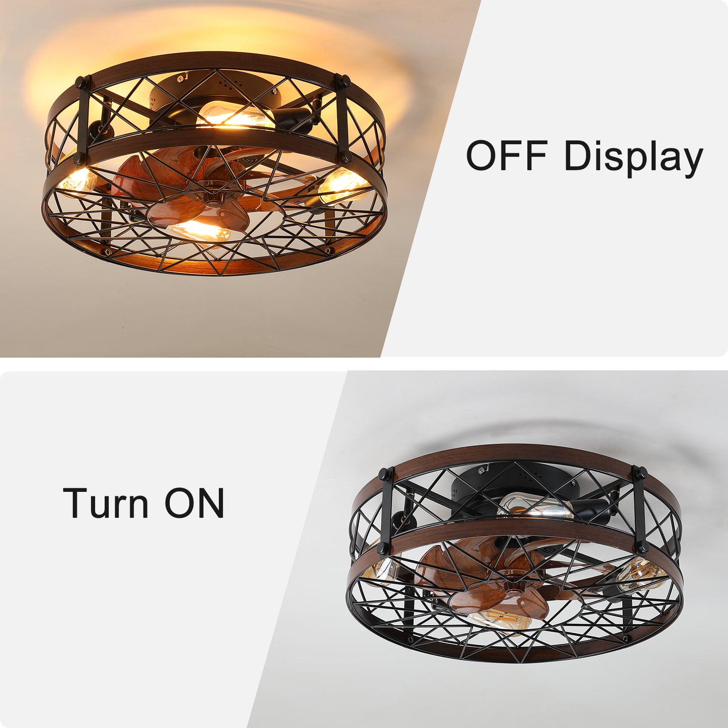 Caged Ceiling Fans with Lights Black, 20 inch Flush Mount Ceiling Fan Light, Farmhouse Small Ceiling Fan with Light Fixture, Reversible Fan for Bedroom, Office, Kitchen (E26 Bulbs Included)