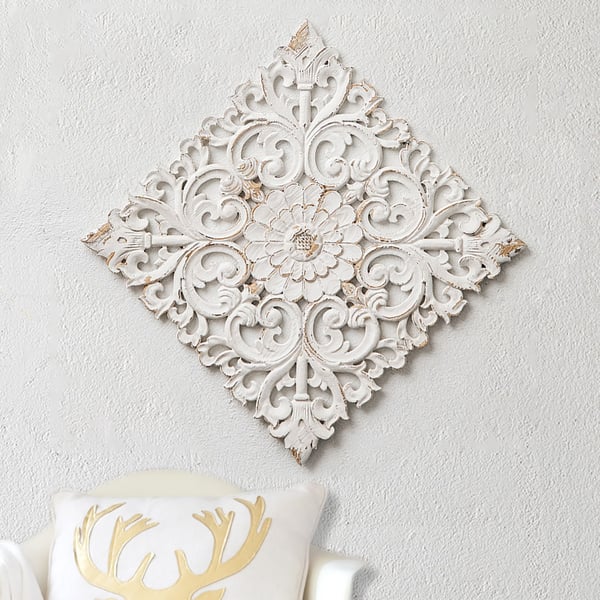 22" French Country Square Wood Wall Decor Distressed White Carved Flower for Living Room