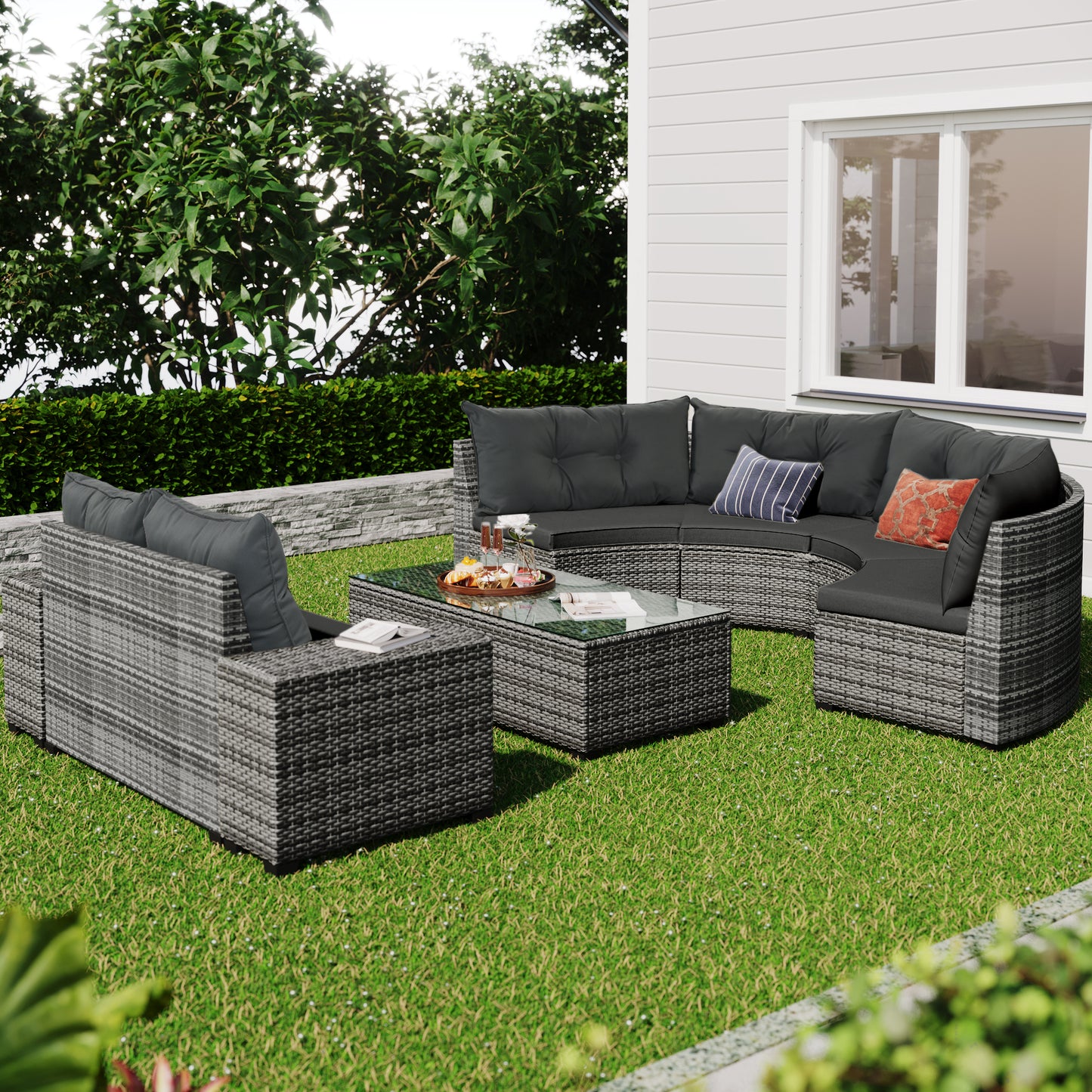 GO 8-pieces Outdoor Wicker Round Sofa Set, Half-Moon Sectional Sets All Weather, Curved Sofa Set With Rectangular Coffee Table, PE Rattan Water-resistant and UV Protected, Movable Cushion, Gray