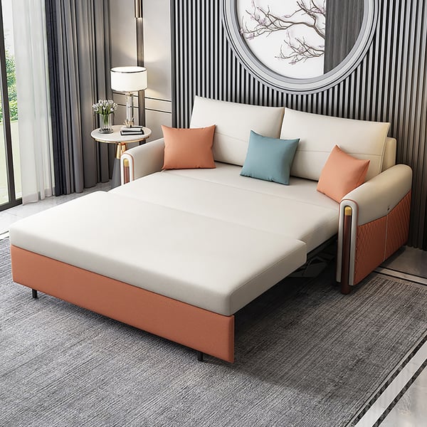 Canapé-lit blanc et orange de 59 po, canapé convertible, revêtement Leath-Aire