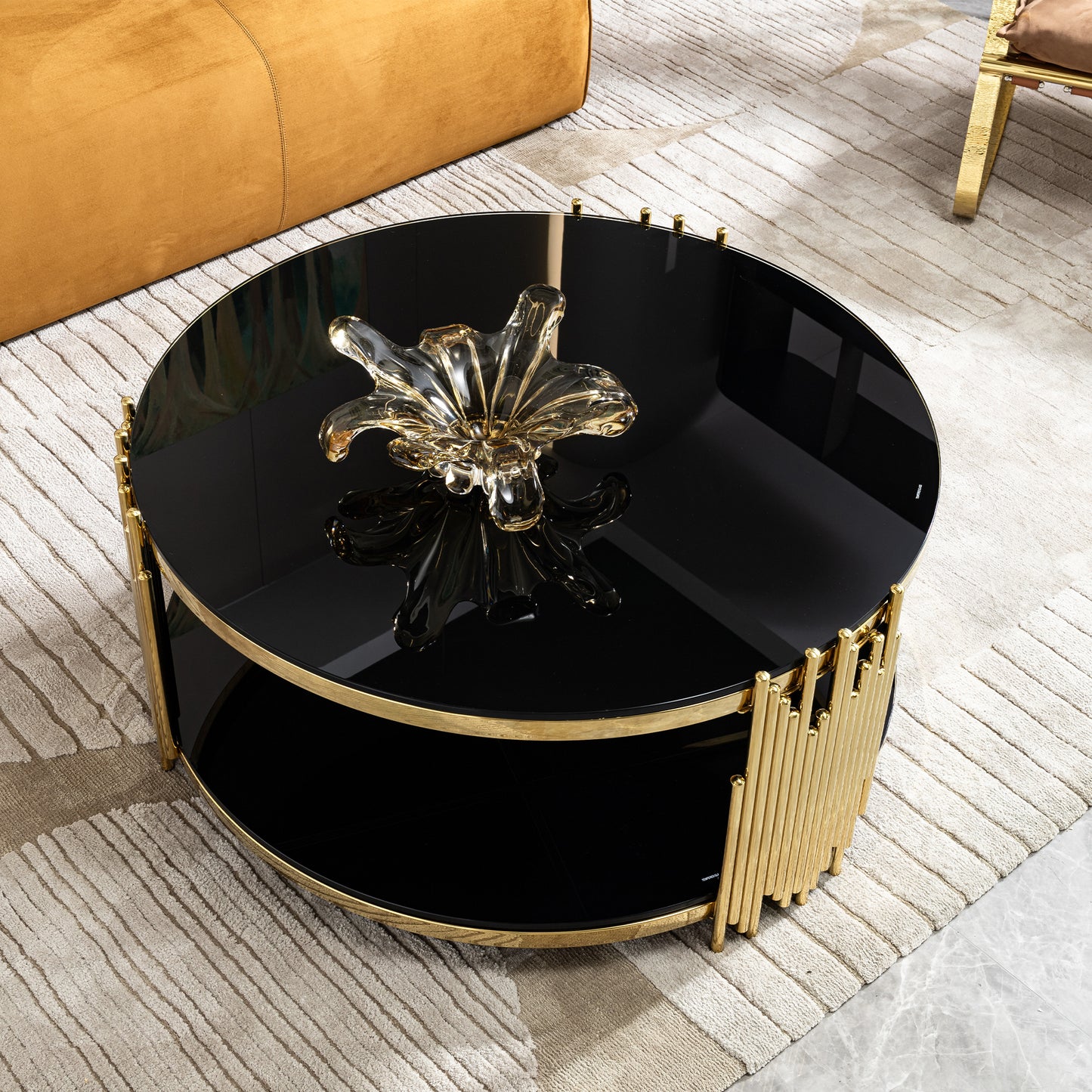 double layer black tempered glass top stainless steel round coffee table for living room