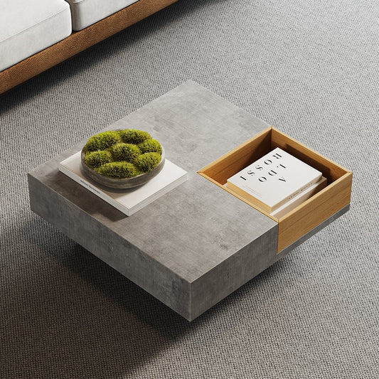 27.6" Japandi Wooden Square Coffee Table with Open Storage Concrete Gray & Natural