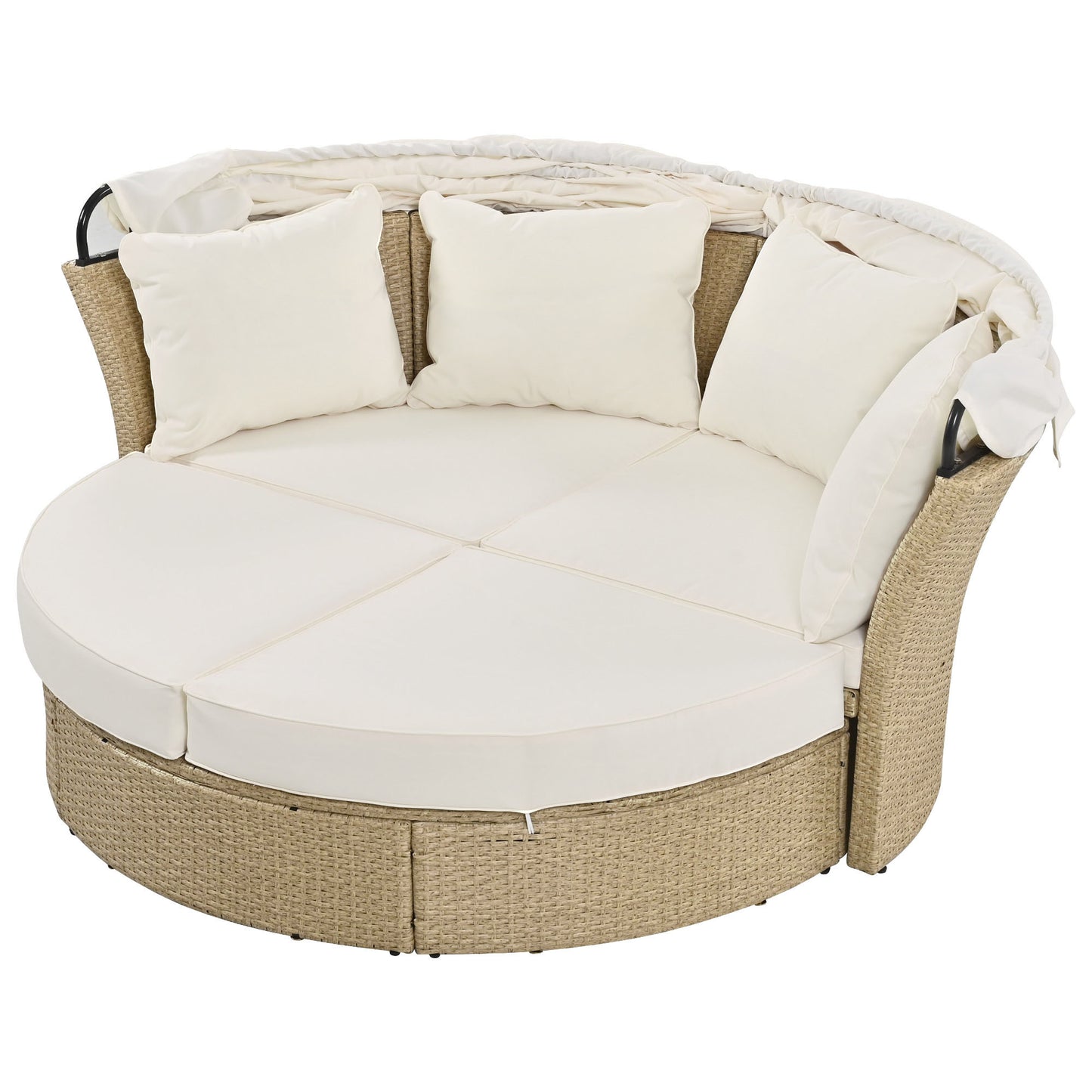 Outdoor Patio Daybed Wicker Rattan Double Daybed Round Sofa Furniture Set with Retractable Canopy, 4 Pillows for Lawn Garden Backyard Porch Pool, Beige