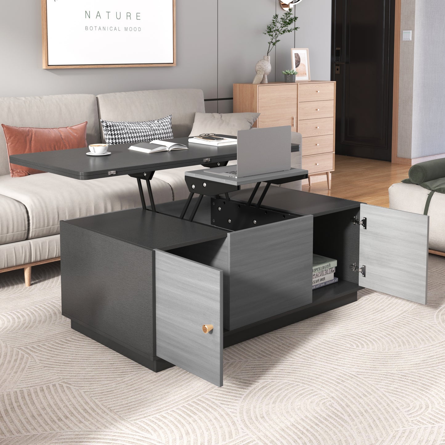 Modern Gray Multi-functional Rectangle Lift-top Coffee Table Extendable with Storage