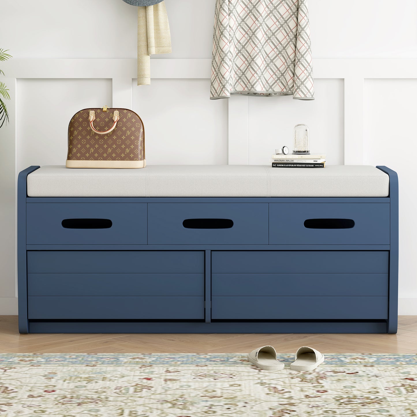 TREXM Rustic Storage Bench with 2 Drawers, Hidden Storage Space, and 3 False Drawers at the Top, Shoe Bench for Living Room, Entryway (Navy)