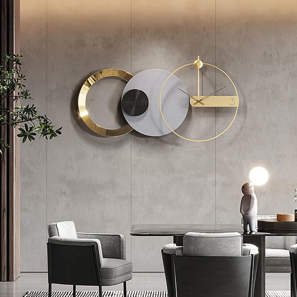 Grande horloge murale ronde grise et dorée de 33 "x 18", avec pointeur en bois, décoration d'intérieur moderne, Art