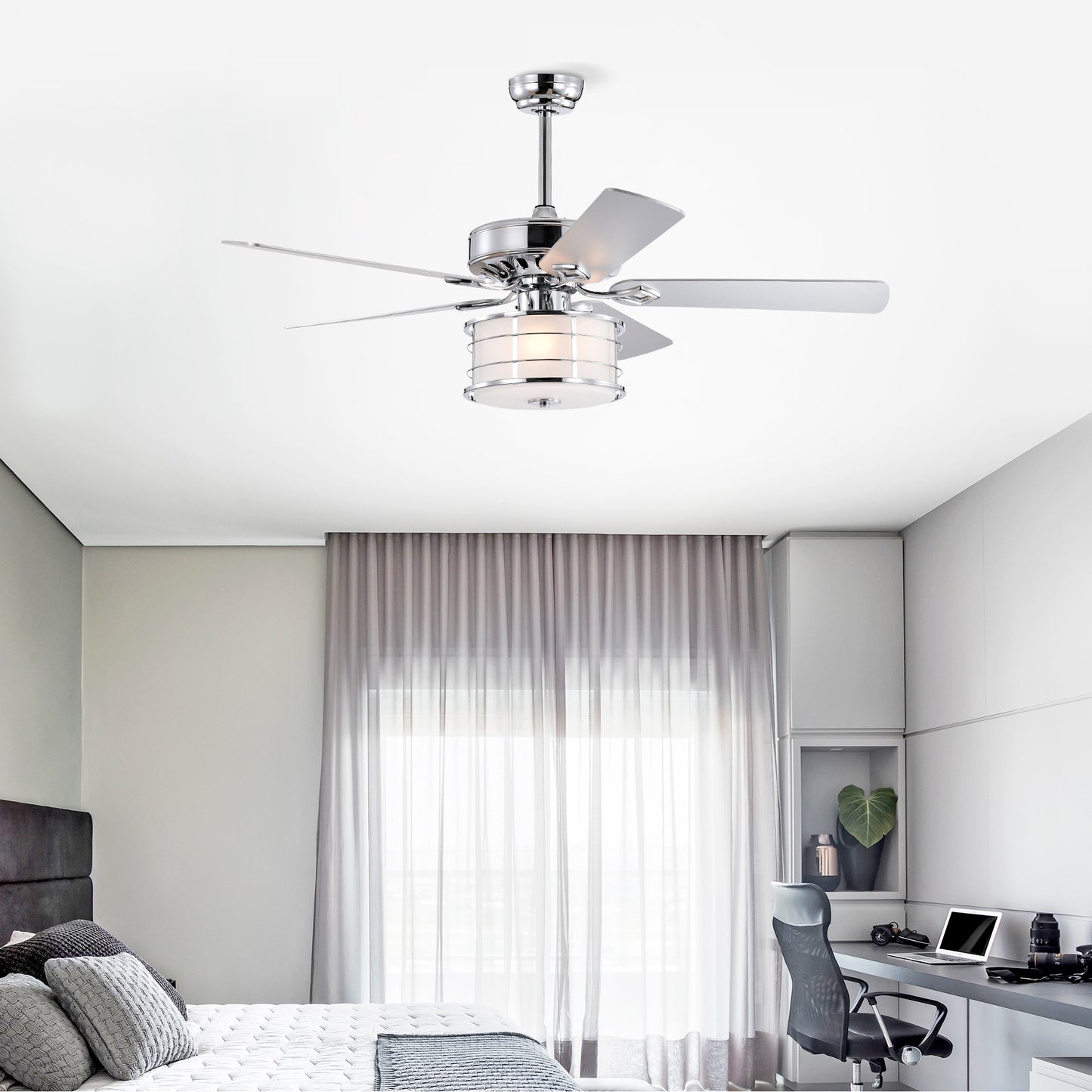 52" Chrome Drum Shade LED Ceiling Fan with 3 Lights & Remote - Rustic Farmhouse Meets Modern Glam