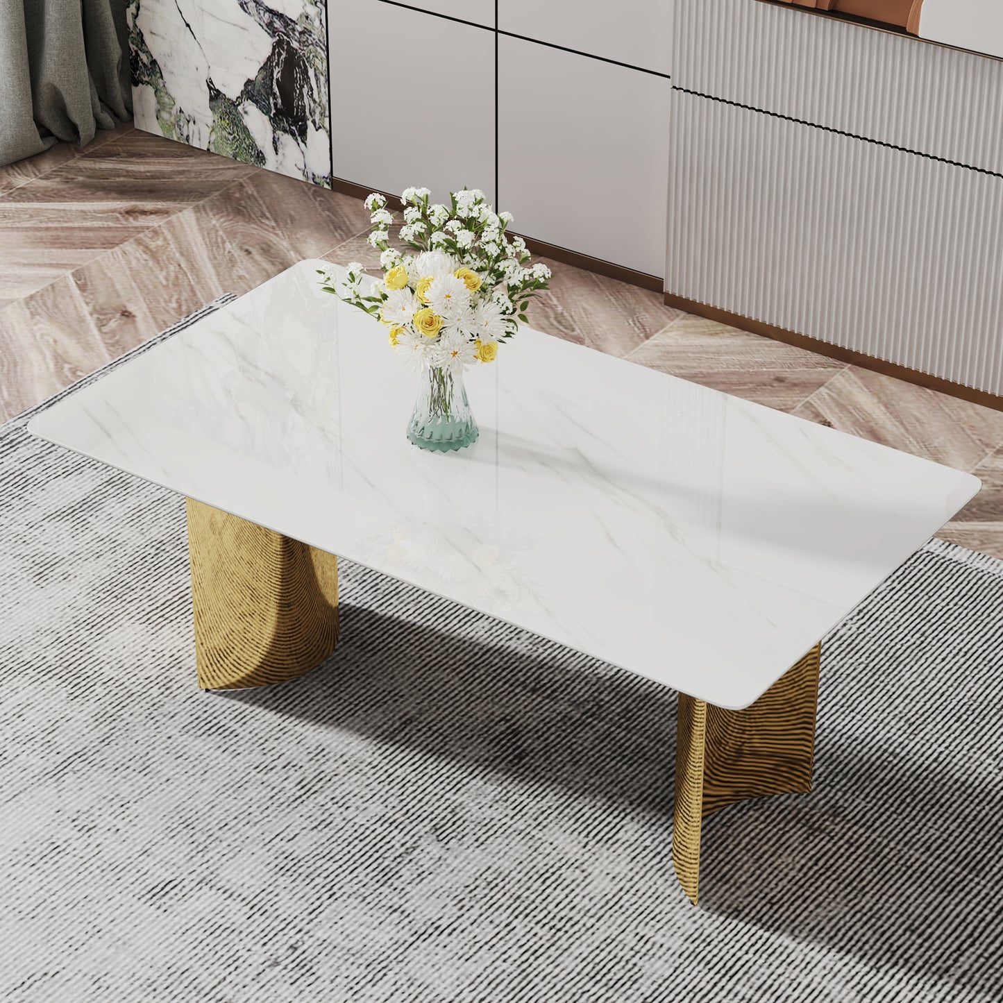 Stylish 71" Minimalist Dining Table with White Imitation Marble Glass Surface and Gold Metal Legs - Ideal for Dining Areas and Living Spaces