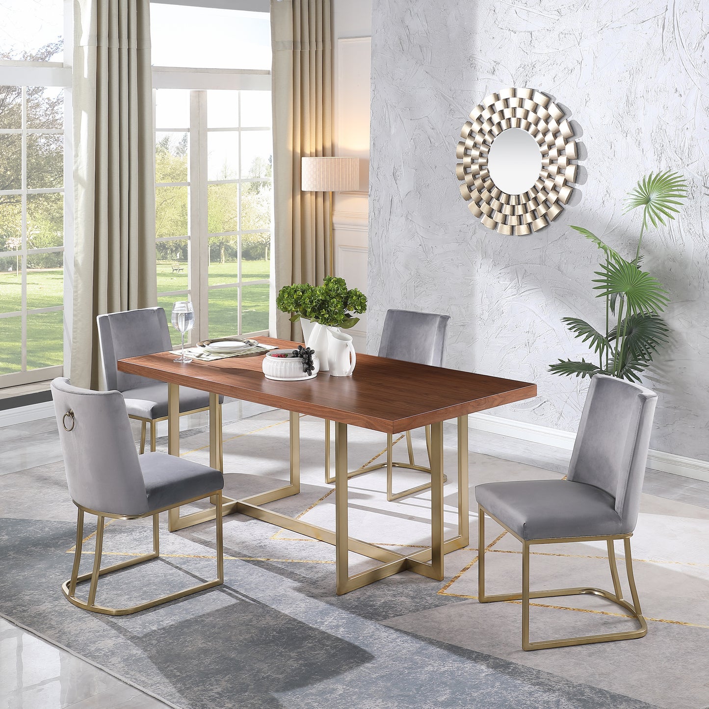 Velvet Upholstered Dining Chairs with Gold Metal Legs - Gray Side Chairs (Set of 2)