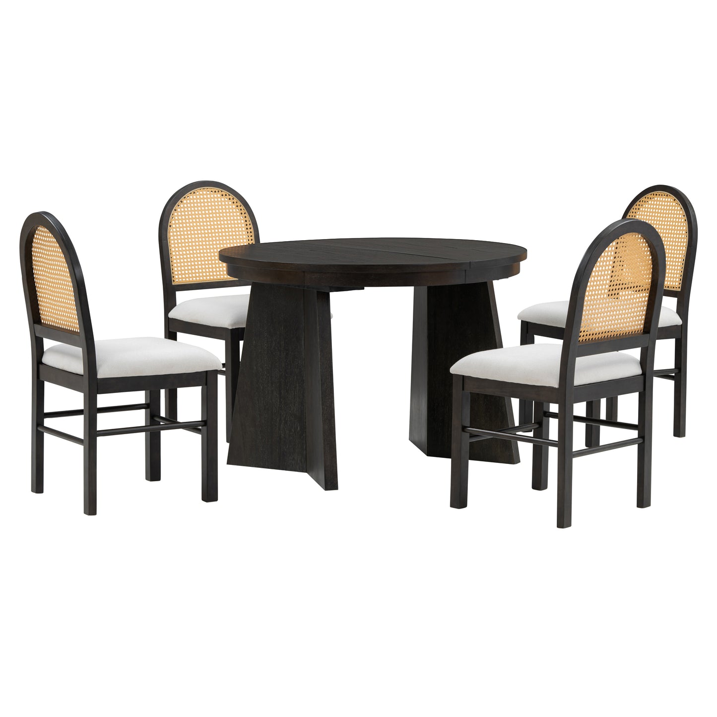 TREXM 5-Piece Retro Functional Dining Set with 1 Extendable Dining Table and 4 Upholstered Chairs with Rattan Backrests for Dining Room and Kitchen (Espresso)