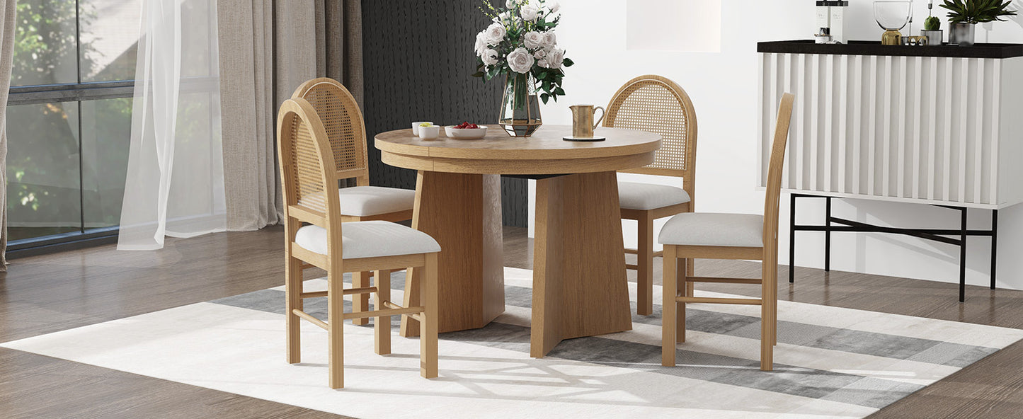 TREXM 5-Piece Retro Functional Dining Set with 1 Extendable Dining Table and 4 Upholstered Chairs with Rattan Backrests for Dining Room and Kitchen (Natural Wood Wash)