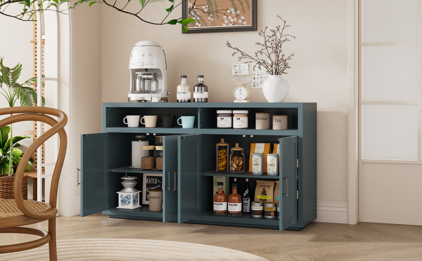 TREXM 4-door Classic Sideboard with Open Storage and Adjustable Shelves Perfect for kitchens,  living rooms (Smoke Blue)