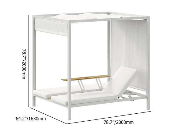 Lit de repos extérieur en aluminium blanc pour 2 personnes avec auvent et table basse relevable en noyer