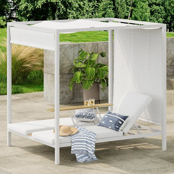 Lit de repos extérieur en aluminium blanc pour 2 personnes avec auvent et table basse relevable en noyer