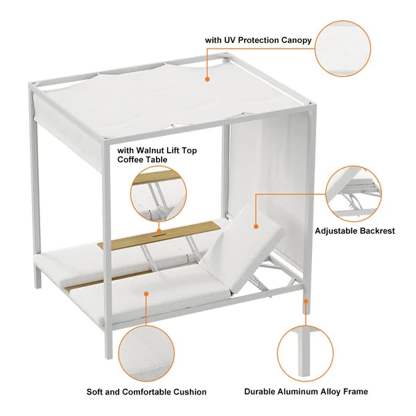 Lit de repos extérieur en aluminium blanc pour 2 personnes avec auvent et table basse relevable en noyer