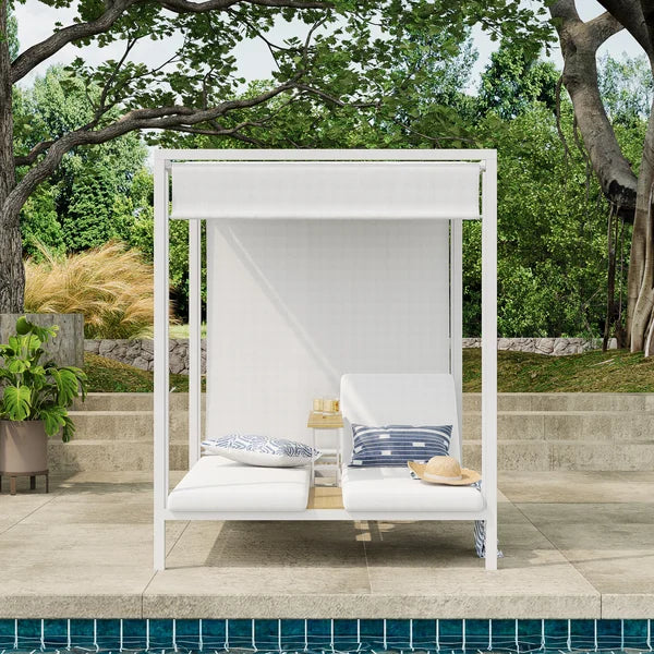 2-Person White Aluminum Outdoor Patio Daybed with Canopy & Walnut Lift Top Coffee Table