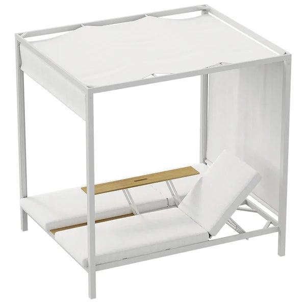 Lit de repos extérieur en aluminium blanc pour 2 personnes avec auvent et table basse relevable en noyer