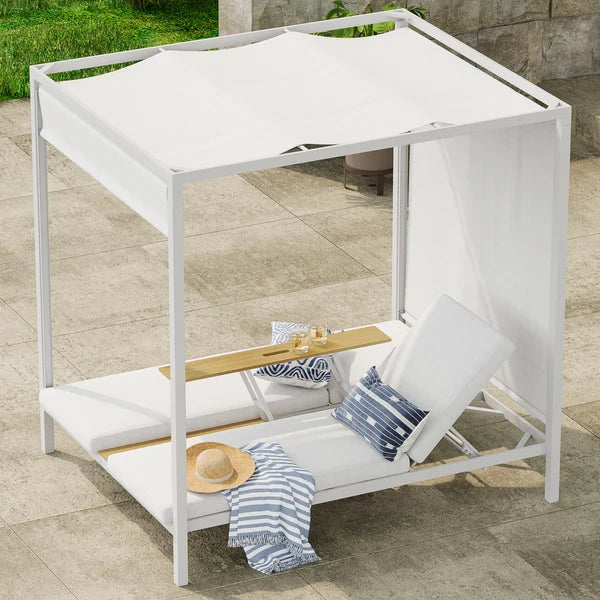 Lit de repos extérieur en aluminium blanc pour 2 personnes avec auvent et table basse relevable en noyer