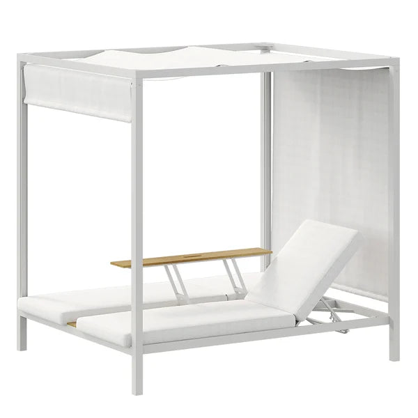 Lit de repos extérieur en aluminium blanc pour 2 personnes avec auvent et table basse relevable en noyer