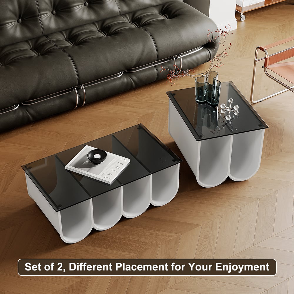 2-Piece Square Coffee Table Set with Black Clear Glass Tabletop & White Metal Arch Base