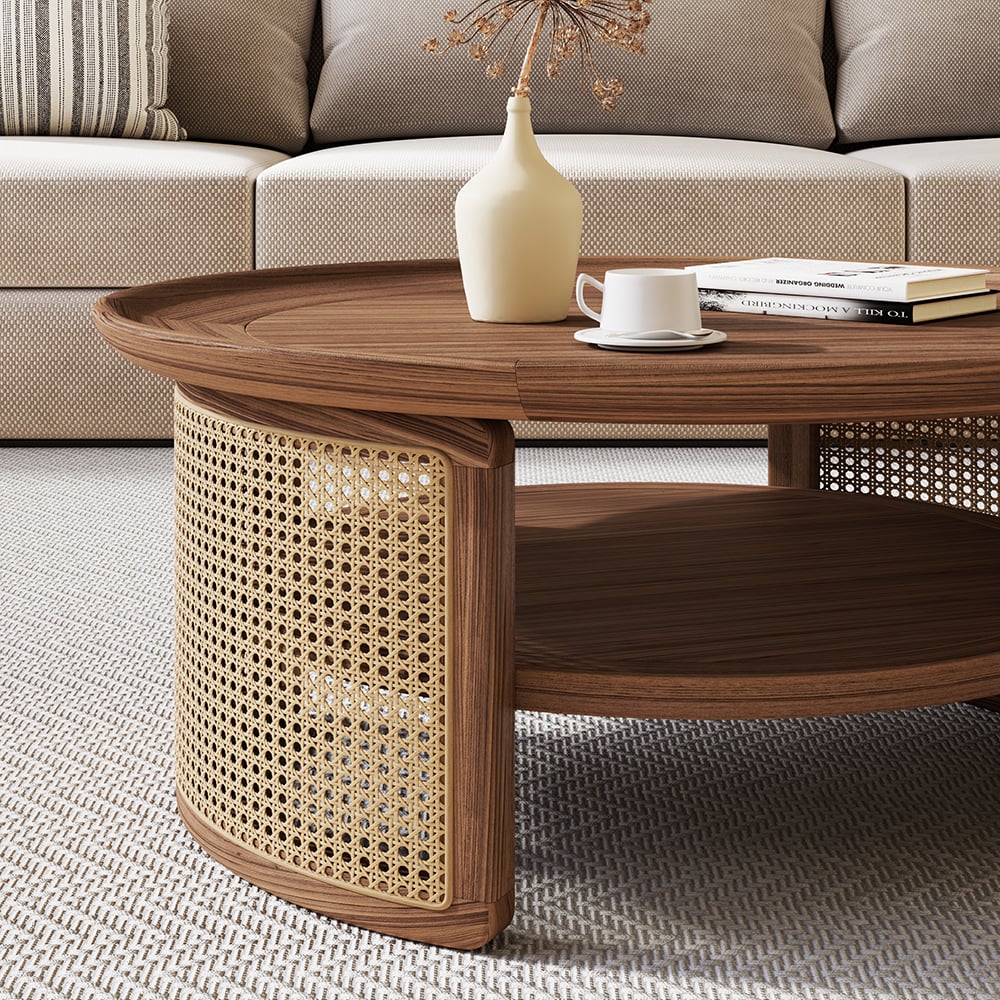 2-Tiered Japandi Round Walnut Wood Coffee Table with Storage Rattan Base