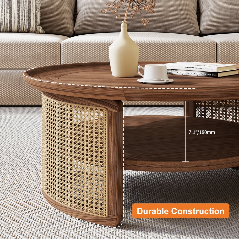 2-Tiered Japandi Round Walnut Wood Coffee Table with Storage Rattan Base