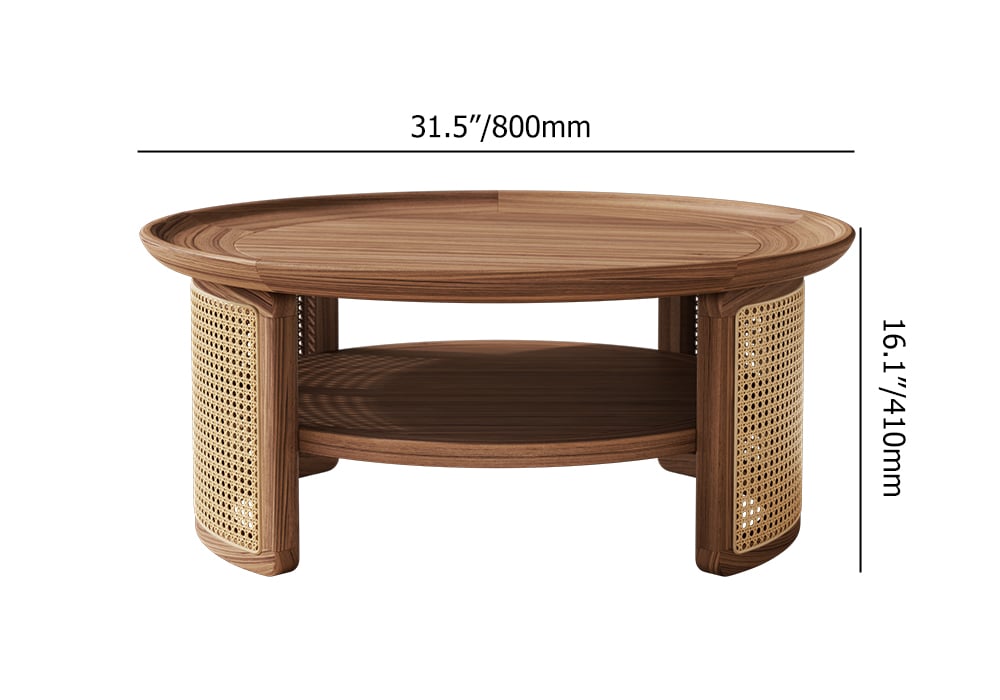 2-Tiered Japandi Round Walnut Wood Coffee Table with Storage Rattan Base