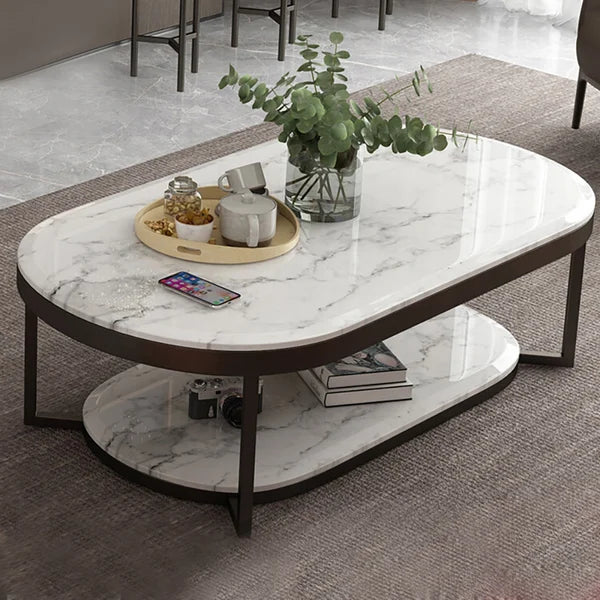 Table basse moderne à 2 niveaux en marbre noir et blanc avec étagère et cadre en métal